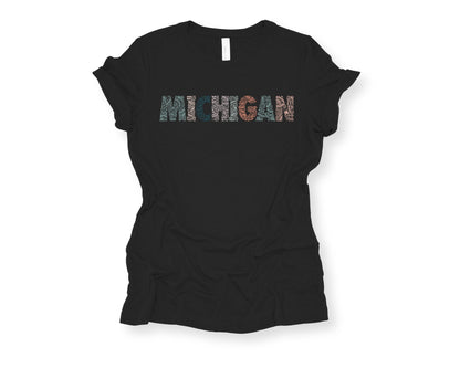 MICHIGAN Tee: Black with Colorful Letters. Michigan TShirt. Women’s Apparel. Lightweight T Shirt.